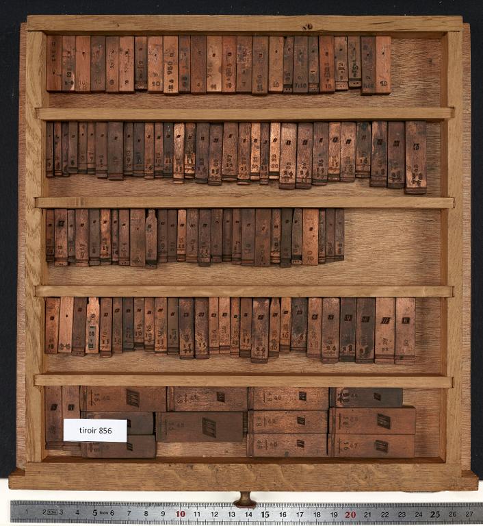 Tiroir de matrices : tierces, minutes, seconde sur divers corps